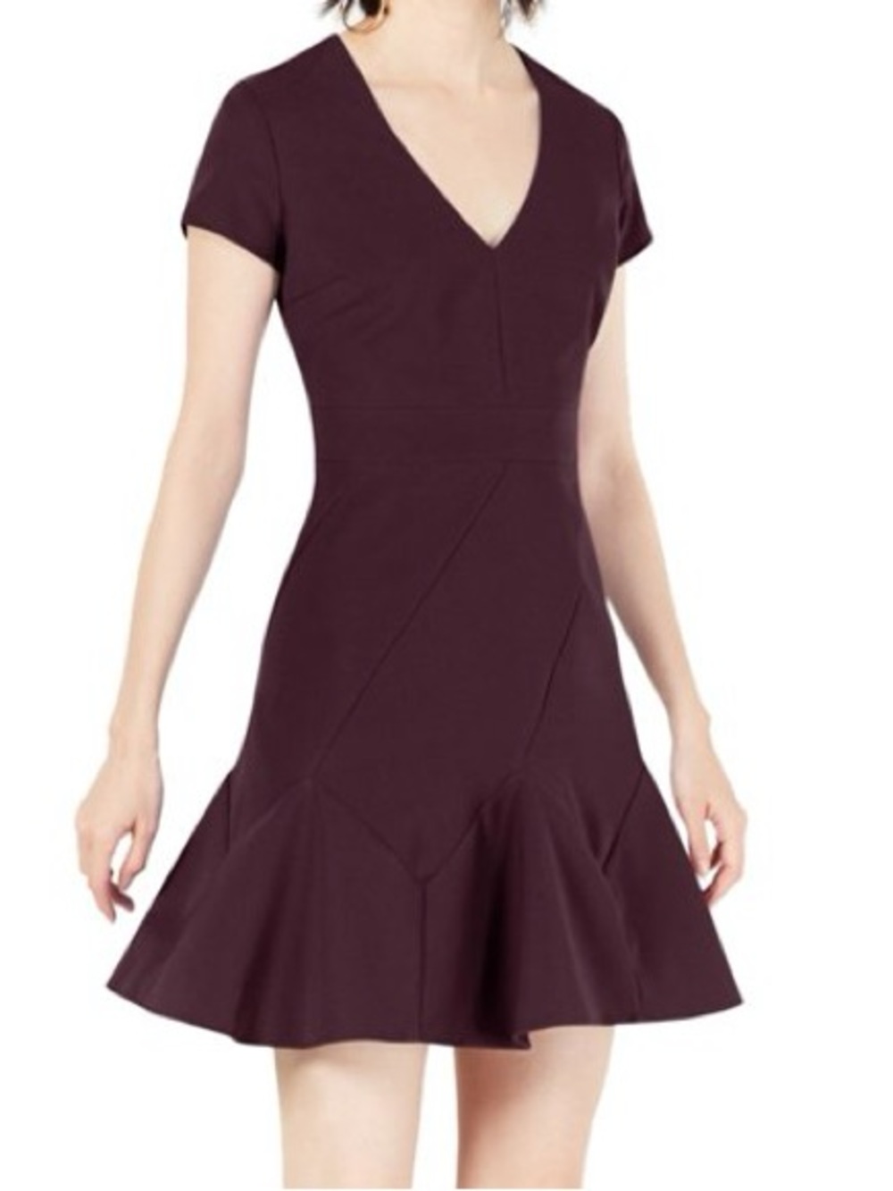 Bar III Plum V-Neck Short Sleeve Fit-and-Flare Mini Dress